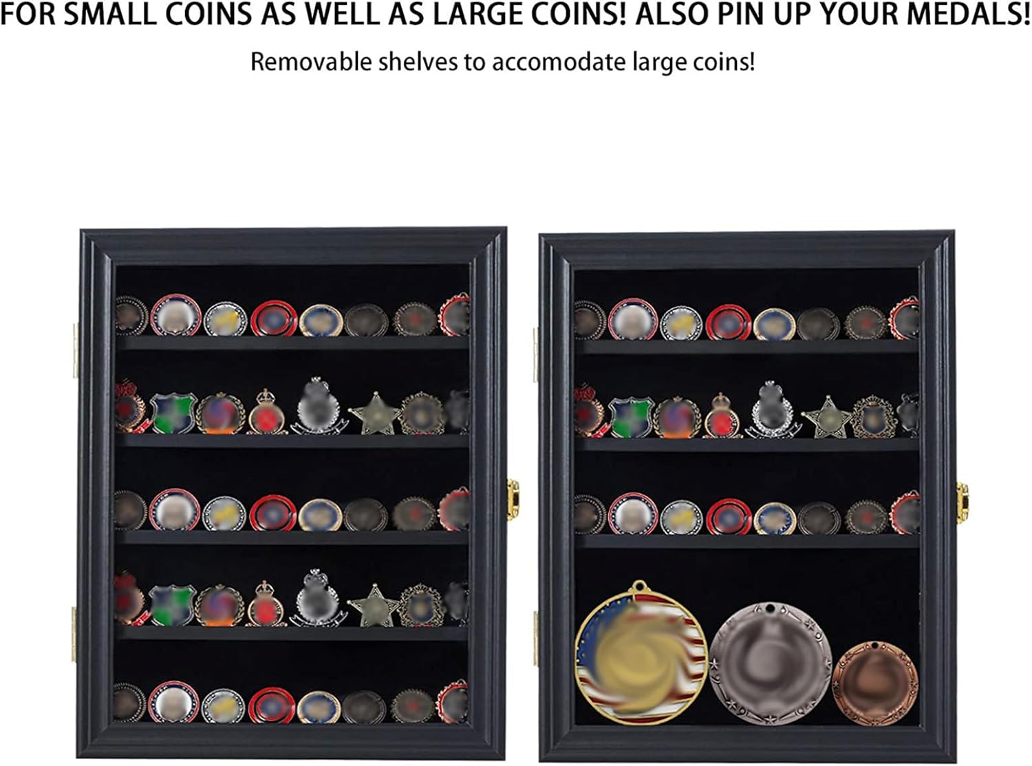Jinchuan Military Challenge Coin Display Case Lockable Cabinet Rack Holder Shadow Box with Removable 2 Grooves Shelves and Anti Dust Door for Casino Poker Chips Collectibles, Small - Black